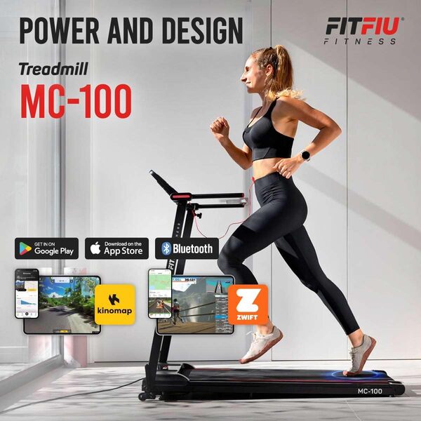 FITFIU Fitness MC-100 - Tapis de Course Pliable, 2 inclinaisons, écran interactif, Haut-Parleur Bluetooth, 12 programmes et connectivité avec l'application KINOMAP, pour la Maison/Le Bureau