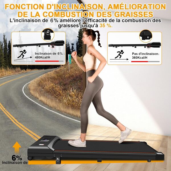 Tapis de Course avec Inclinaison, 1-6 km/h, Tapis de Course Silencieux 3.0 CV Tapis de Course Compact avec Télécommande et écran LCD pour La Maison/Le Bureau