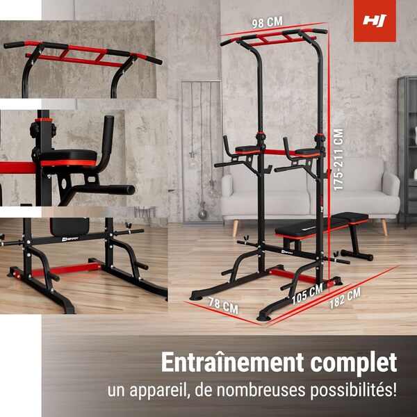 Hop-Sport Power Tower HS-2015K avec station de dips et barre de traction, Chaise Romaine avec banc de musculation pliable et support pour haltères, Station de Musculation avec charge max. 150 kg