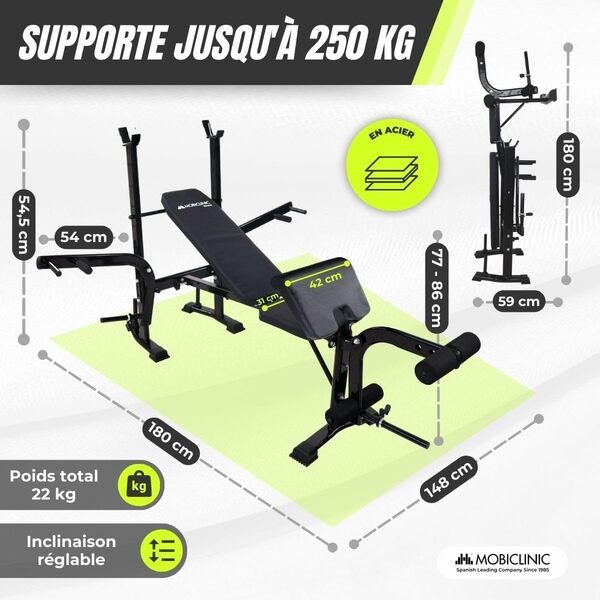 Mobiclinic® fitness, Banc de musculation, Multifonctionnel, Pressfit, Ajustable, Pliable, Acier, Supporte jusqu'à 250 kg, Support pour barres, Idéal les exercices force à la maison