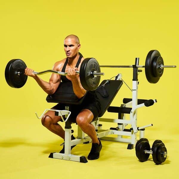 GORILLA SPORTS® Banc Musculation - Set Haltères 100kg, avec Support Barres d'Haltère, Butterfly - Banc d'Haltérophilie, Multifonction, Station, Gym