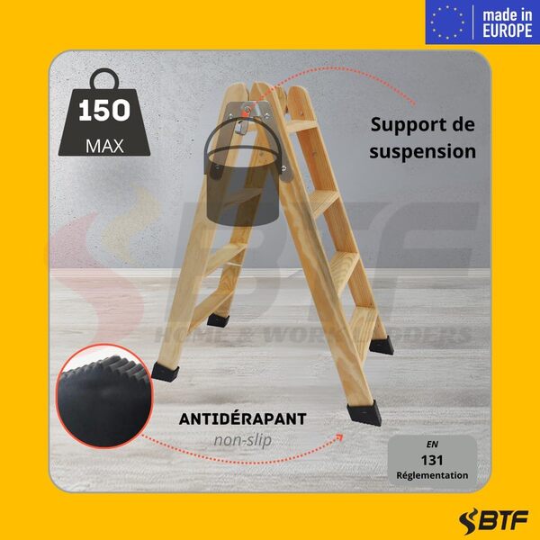 BTF Escaliers en Bois de pin Double montée certifiés |Idéal pour Les Professionnels Peintre, scayoliste, électricien ou même pour Votre Maison ! (4+4 Marches)