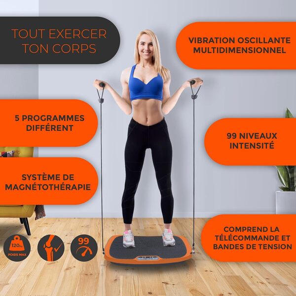 Plateforme Vibrante Fitness | Vibratrainer | 99 Niveaux D'intensités | Télécommande | Inclut 2 Bandes élastiques | 5 programmes