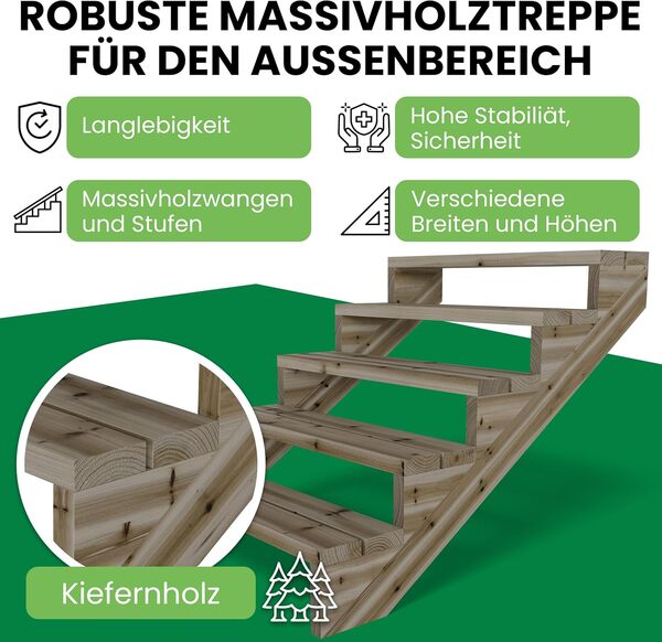 Gartenwelt Riegelsberger Escalier de terrasse avec 5 marches en bois massif de pin imprégné sous pression, Vert