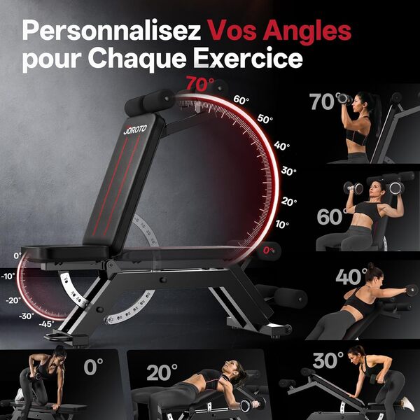 JOROTO MD70 Banc de Musculation Réglable, Banc Musculation Multifonction avec Charge Max 400KG/880LBS, Dossier 8 Positions et Siège 5 Positions Réglable, Banc Abdominaux pour Entraînement Complet