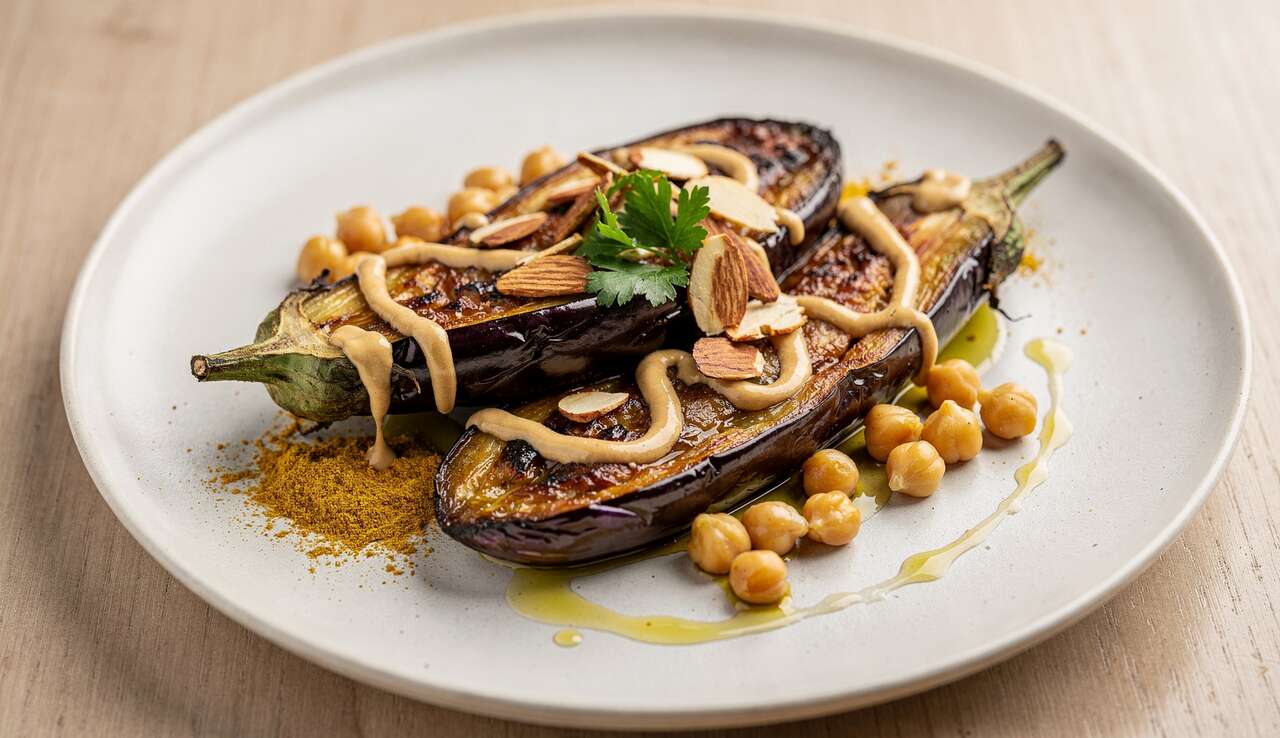 Aubergines rôties : houmous et persillade aux amandes, curry et citron vert