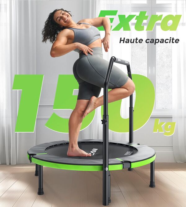 Trampoline d'intérieur BCAN Fitness, diamètre Ø 102/122 cm, mini trampoline à élastiques/ressorts, convient aux adultes jusqu'à 204/250 kg, avec poignées réglables, silencieux et à faibles vibrations.