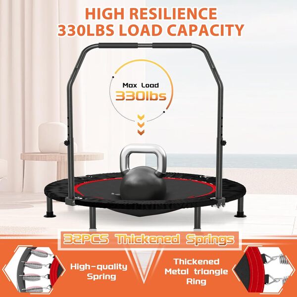 Mini trampoline de 101,6 cm pour adultes avec bande de résistance, rebond de fitness pour entraînement en intérieur avec poignée en mousse réglable, petit équipement d'exercice à domicile