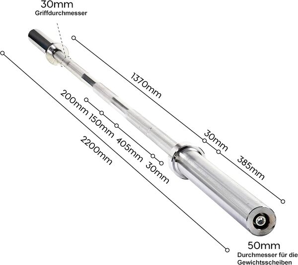 Barre d'Haltère longue Herkules – 220cm Barre de Musculation, Compatible avec les plaques olympiques 50mm, Acier chromé, Ø 30mm Poignées moletées – Équipement de Gym à Domicile