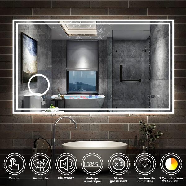 AICA Miroir de Salle de Bain LED avec Bluetooth, Mural Miroir avec Horloge + 3 Couleurs + Dimmable + Anti-buée + Grossissant 3X,Interrupteur Tactile Étanche IP44-120 x 70cm