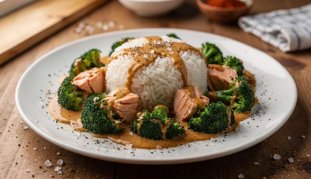 Recette Fitness : dôme de Riz, brocolis et Saumon en Sauce