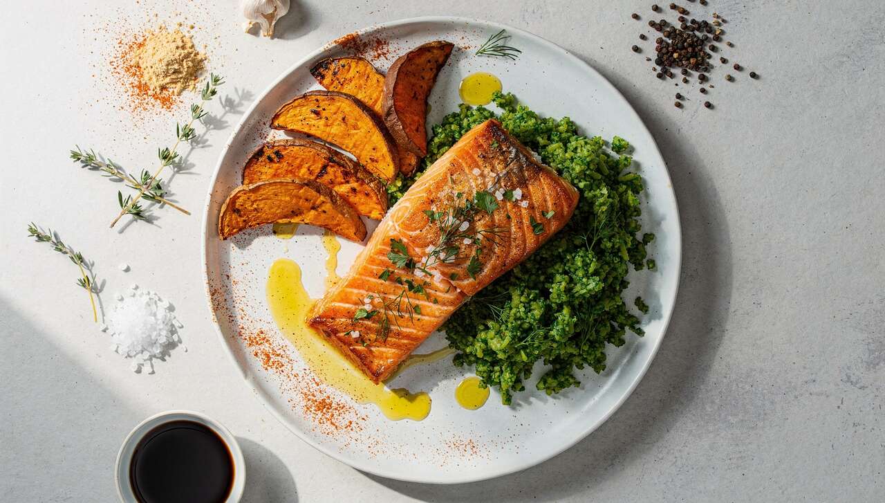 Recette fitness : saumon, patate douce et riz de brocolis