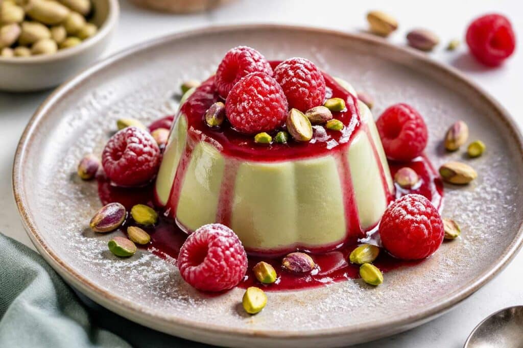 Panna cotta pistache et coulis de framboises