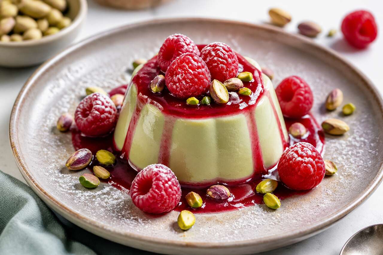 Panna cotta pistache et coulis de framboises