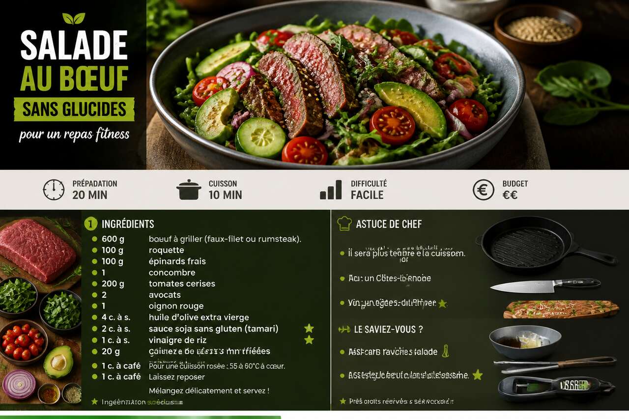 Fiche recette Recette de salade au boeuf sans glucides pour un repas fitness