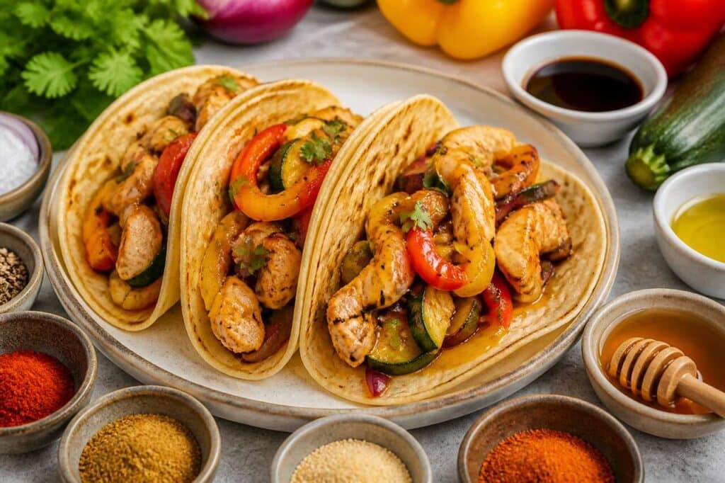 Recette : tacos au poulet et légumes, sauce au miel