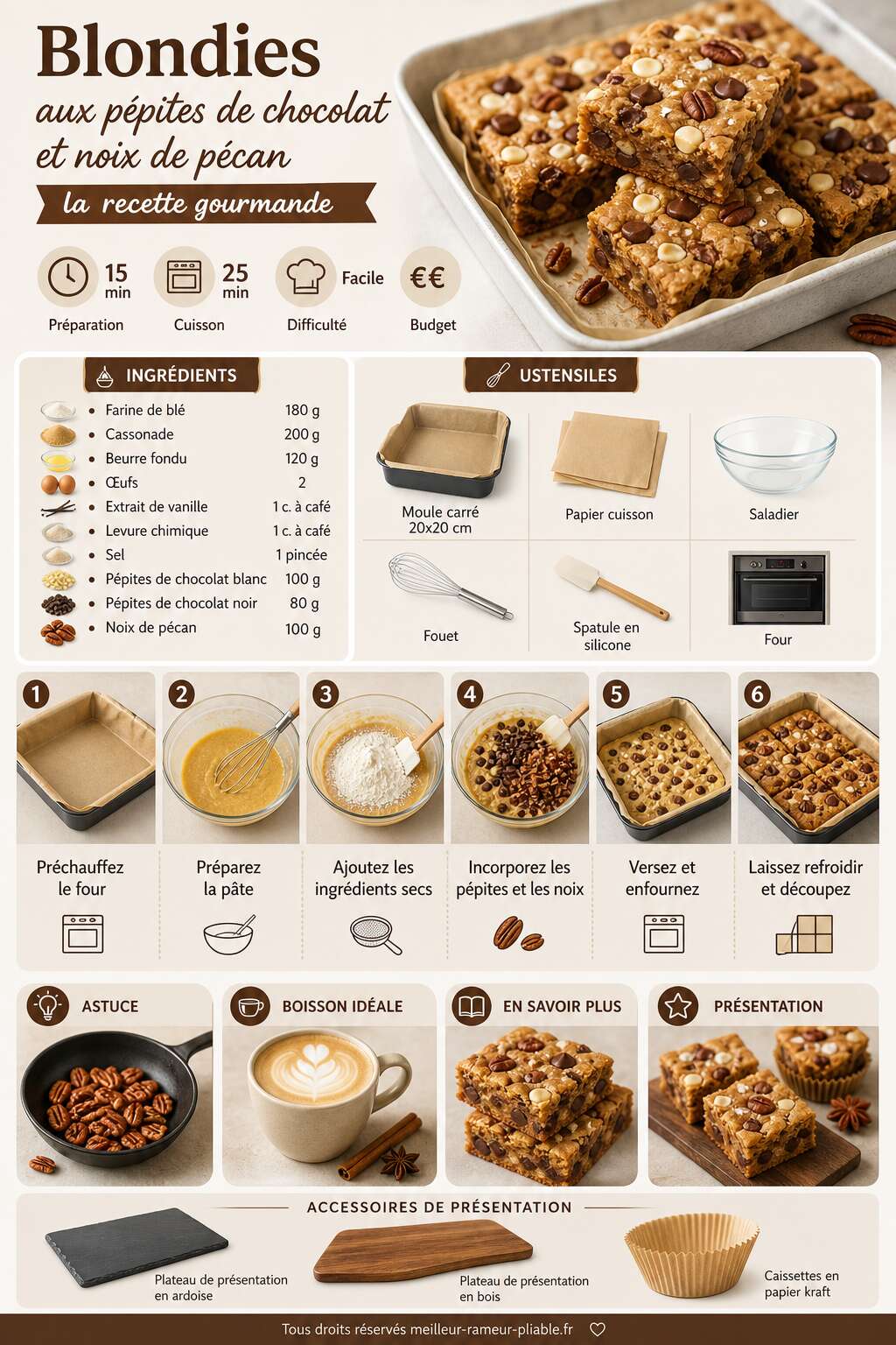 Fiche recette Blondies aux pépites de chocolat et noix de pécan : la recette gourmande Fiche recette Blondies aux pépites de chocolat et noix de pécan : la recette gourmande