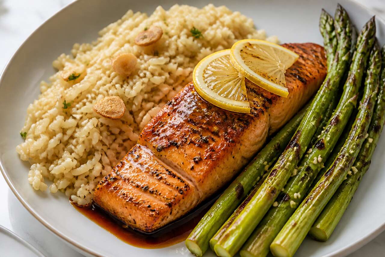 Recette Fitness : riz Complet, saumon Et Asperges Grillées