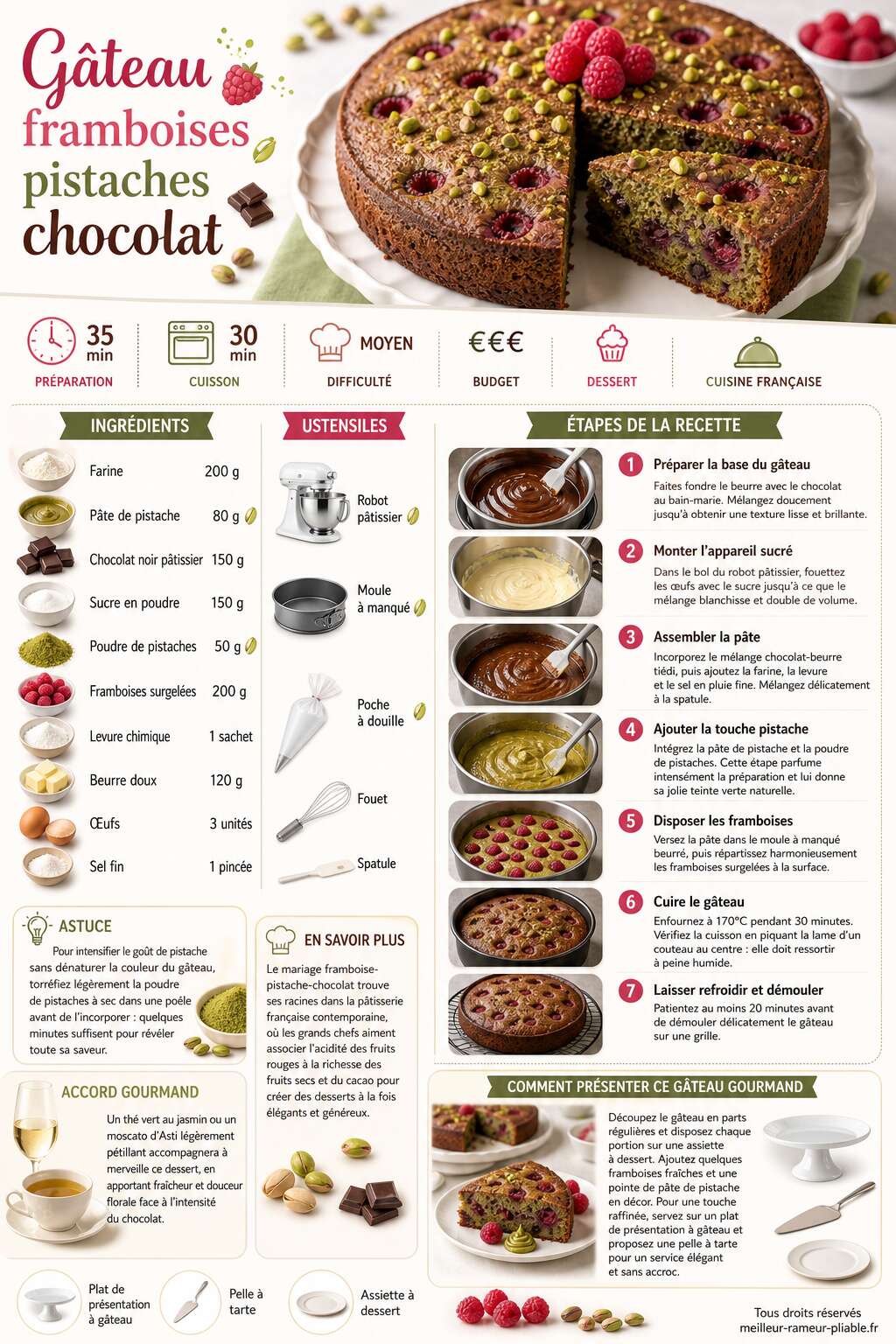 Fiche recette Recette de g&acirc;teau framboises pistaches chocolat : un d&eacute;lice gourmand !